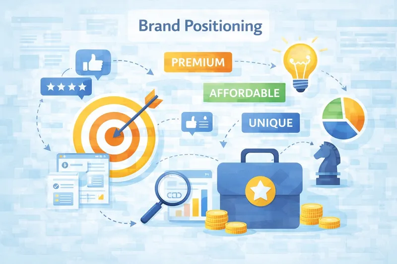 Marketing team defining brand positioning strategy with target audience profile, value proposition board, and competitor comparison chart.