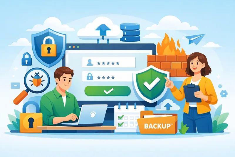 Business owner reviewing website security dashboard protecting site from hackers and malware attacks