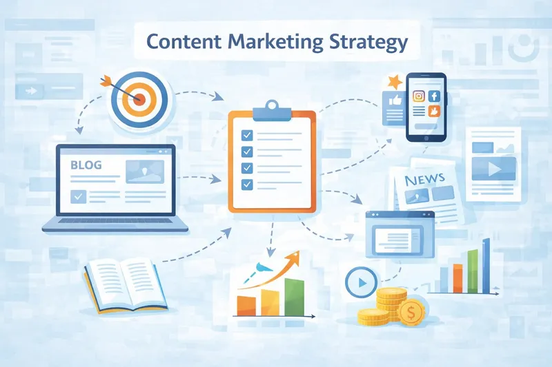 Marketing team planning content strategy with SEO keyword dashboard, content calendar, blog posts, and funnel mapping illustration.