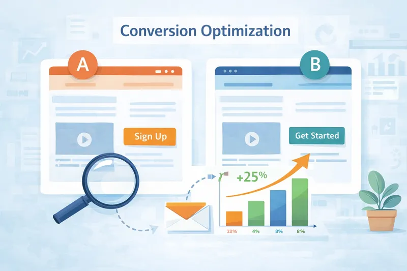 Marketing team reviewing A/B test landing pages with highlighted call-to-action button and performance analytics dashboard in flat illustration style.