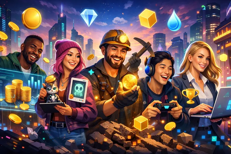 Illustration showing people earning crypto through staking, trading, DeFi, NFTs, mining, and rewards in a colorful futuristic crypto world