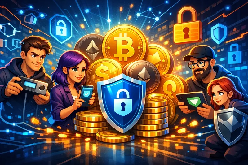 Cartoon style illustration showing people protecting digital coins with hot and cold crypto wallets, private keys, blockchain icons, and secure digital storage.