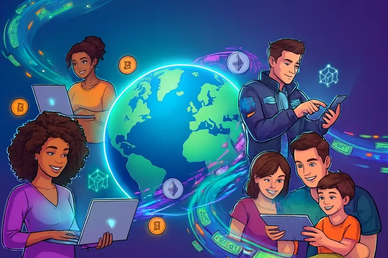 Cartoon style illustration showing people using cryptocurrency on laptops and phones, global digital money flow, blockchain icons, and futuristic crypto economy theme.