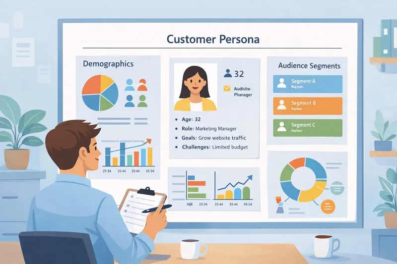 Marketing team analyzing customer persona profile with audience segmentation charts and demographic data in modern flat illustration style.