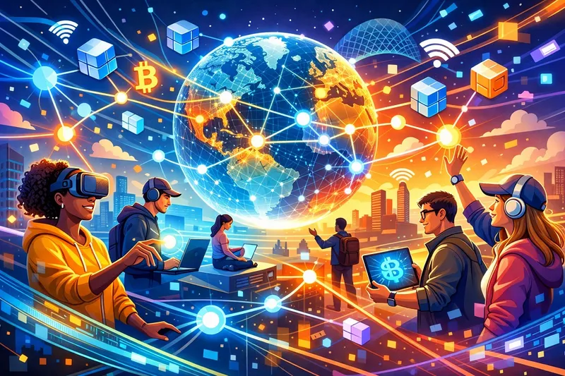 Illustration showing people connected through a decentralized internet with blockchain nodes, privacy, freedom, and open digital networks