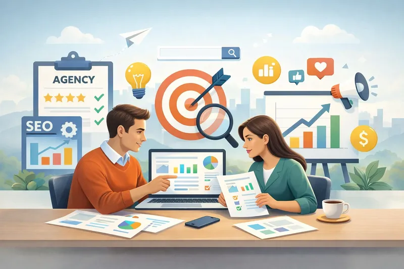 Business owner reviewing digital marketing agency proposals and analytics reports on laptop before selecting the best partner for online growth.