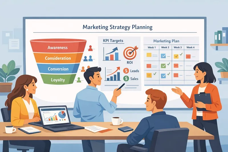 Team planning a practical marketing strategy with charts, funnel diagram, target icon and analytics dashboard in modern flat illustration style.