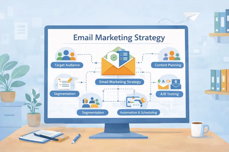 Laptop screen displaying email marketing dashboard with subscriber growth graph, segmented lists, and automated campaign workflow illustration.