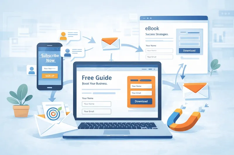 Marketing team analyzing lead generation funnel with magnet attracting user icons and dashboard showing conversion data in flat illustration style.