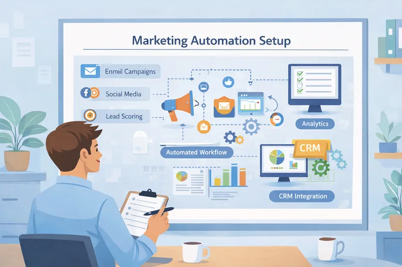 Digital marketing team reviewing automated email workflows and CRM dashboard with audience segmentation and performance charts in flat illustration style.