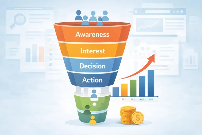 Digital marketing team analyzing sales funnel stages from traffic to conversion with charts and funnel diagram in modern flat illustration style.