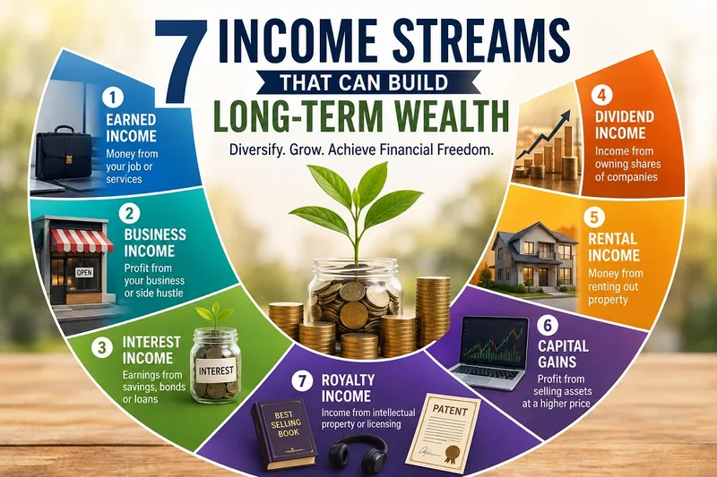Illustration showing seven income streams from work, business, investments, property, and intellectual property