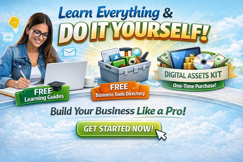 DIY business resources kit banner with free learning guide, tools directory, and digital assets for entrepreneurs and marketers.