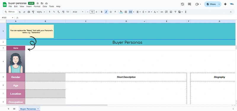 Buyer Personas template with editable cards, journey & touchpoint mapping, messaging, objections, and demographics to guide content and ad targeting.