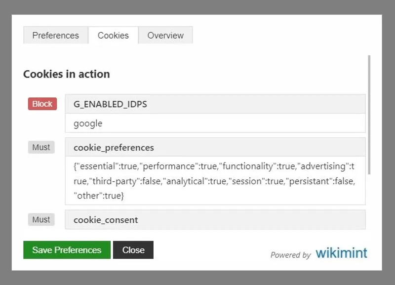 GDPY Cookie Consent Free Javascript Library Preferences Screen Preview