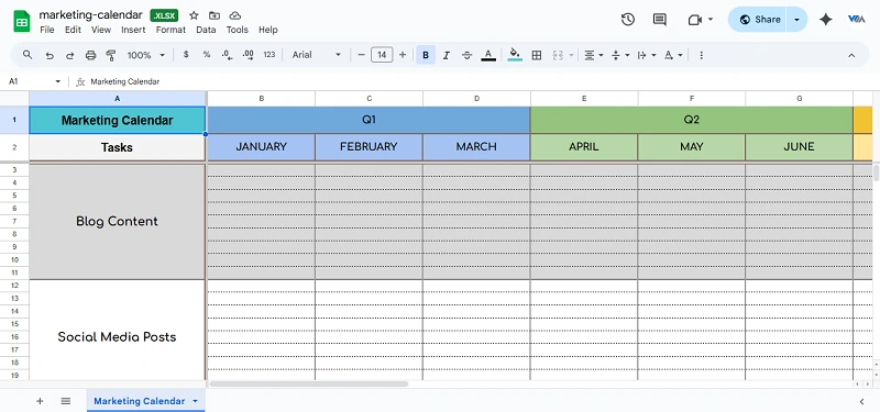 Marketing Calendar template in Excel & Google Sheets with monthly and weekly tabs, KPIs, reminders, priority flags, and pre-filled campaign ideas.