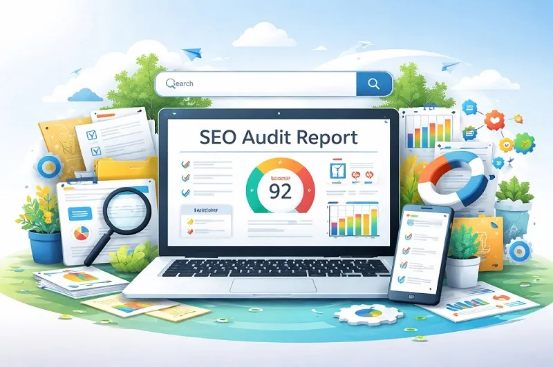 Website SEO audit report showing site health, backlinks, keyword data, errors, warnings, technical SEO checks, and performance metrics.