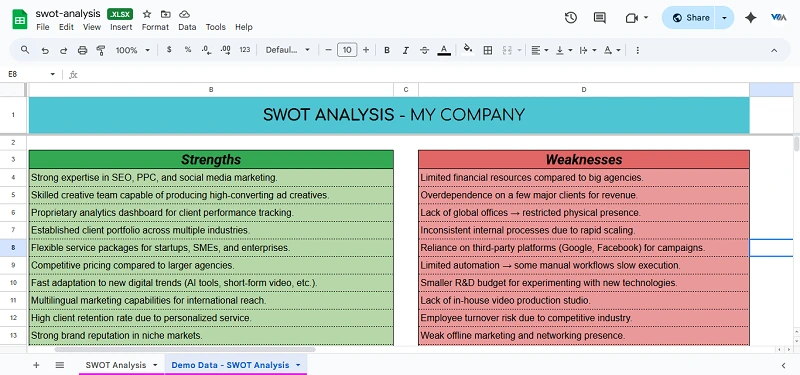 SWOT Analysis Excel template with color-coded quadrants, notes, scores, action items, and 10 examples per quadrant for business strategy planning.