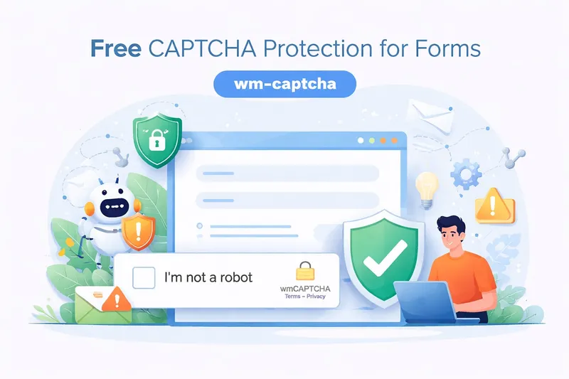 Illustration showing wm-captcha checkbox verification protecting a website form from spam and bot submissions